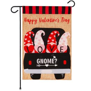 G128 Garden Flag Happy Valentine's Day Love Four Gnomes in Truck 12"x18" Burlap Fabric