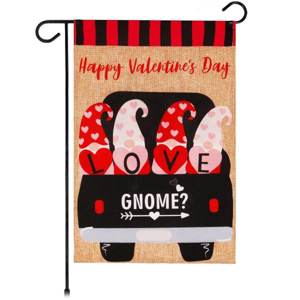 G128 Garden Flag Happy Valentine's Day Love Four Gnomes in Truck 12"x18" Burlap Fabric