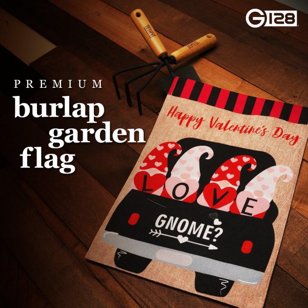 G128 Garden Flag Happy Valentine's Day Love Four Gnomes in Truck 12"x18" Burlap Fabric - Image 2