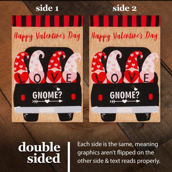 G128 Garden Flag Happy Valentine's Day Love Four Gnomes in Truck 12"x18" Burlap Fabric - Image 3