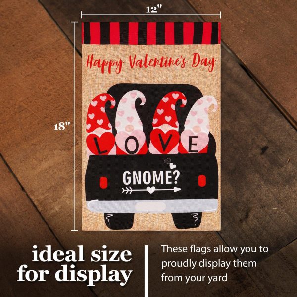 G128 Garden Flag Happy Valentine's Day Love Four Gnomes in Truck 12"x18" Burlap Fabric - Image 4