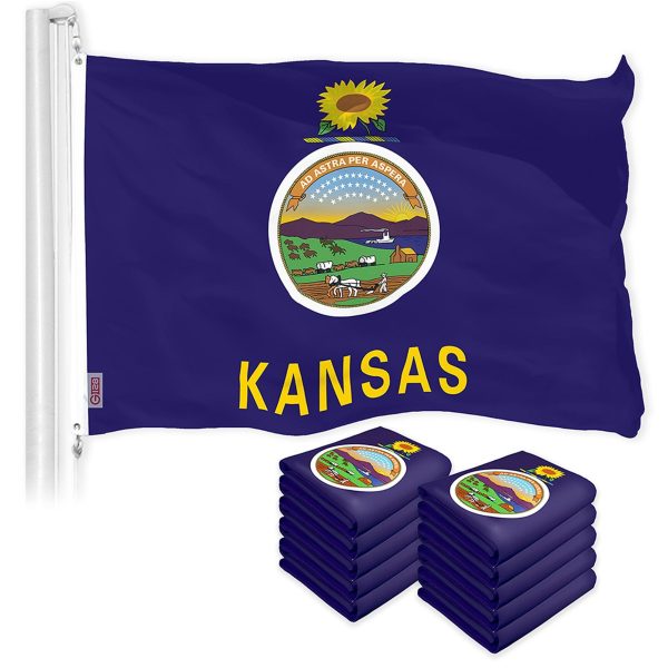 G128 10 Pack: Kansas KS State Flag | 3x5 Ft | LiteWeave Pro Series Printed 150D Polyester | Indoor/Outdoor, Vibrant Colors, Brass Grommets, Thicker and More Durable Than 100D 75D Polyester