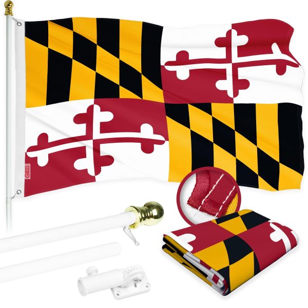 G128 Combo Pack: 6 Ft Tangle Free Aluminum Spinning Flagpole (White) & Maryland MD State Flag 3x5 Ft, ToughWeave Series Embroidered 300D Polyester | Pole with Flag Included