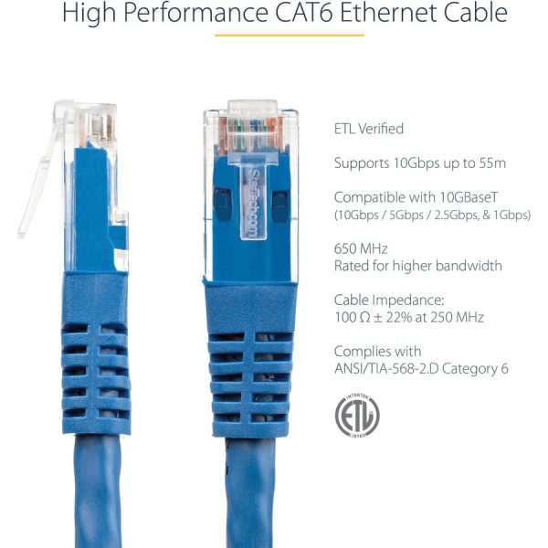 StarTech.com 20ft CAT6 Ethernet Cable - Blue Molded Gigabit - 100W PoE UTP 650MHz - Category 6 Patch Cord UL Certified Wiring/TIA - Image 3