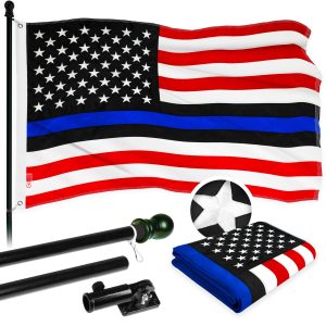 G128 - 5 Feet Tangle Free Spinning Flagpole (Black) Blue Lives Matter Flag Brass Grommets Embroidered 2.5x4 ft (Flag Included) Aluminum Flag Pole