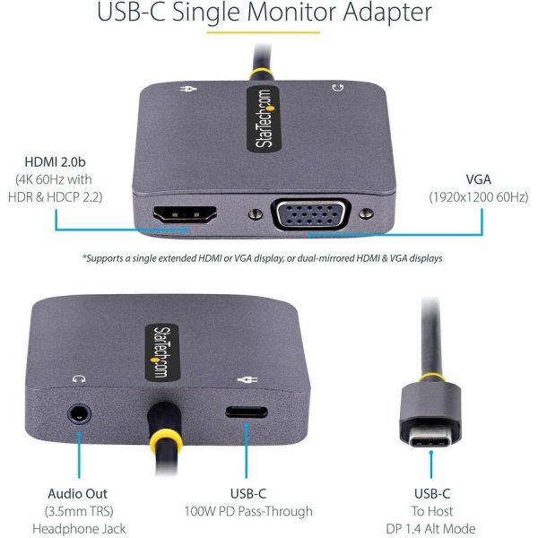 StarTech.com USB C Video Adapter, USB C to HDMI VGA Multiport Adapter, 3.5mm Audio, 4K 60Hz HDR, 100W PD 3.0 PT, USB C Display Adapter - Image 2