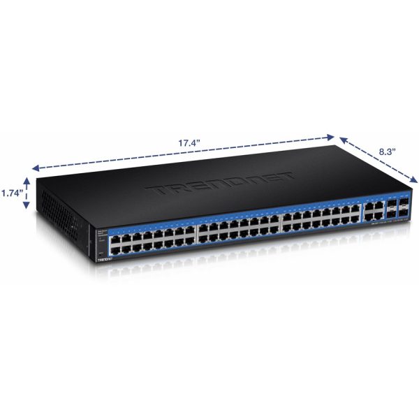 TRENDnet 52-Port Gigabit Web Smart Switch, 48 Gigabit RJ-45 Ports, 4 Shared Gigabit Ports (RJ-45 or SFP), 104 Gbps Switching Capacity, VLAN, QoS, LACP, IPv6, Lifetime Protection, Black, TEG-524WS - Image 3