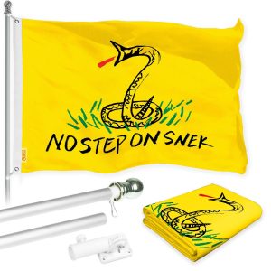G128 Combo Pack: Flag Pole 6 FT Silver Tangle Free & No Step On Snek Flag 3x5ft 150D Printed Polyester