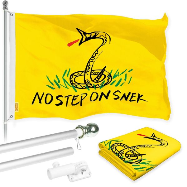G128 Combo Pack: Flag Pole 6 FT Silver Tangle Free & No Step On Snek Flag 3x5ft 150D Printed Polyester