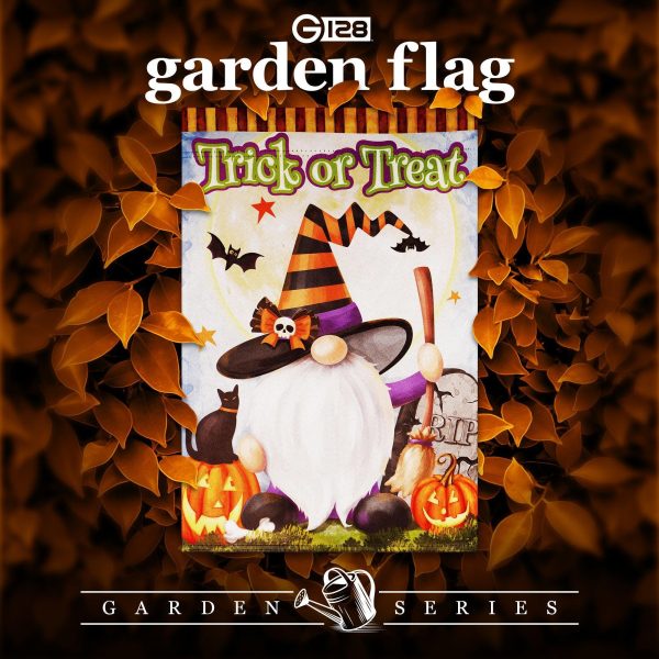 G128 Garden Flag Trick or Treat Witch Hat Gnome with Broom | 12x18 Inch | Printed Blockout Polyester - Halloween Fall Decoration - Image 2