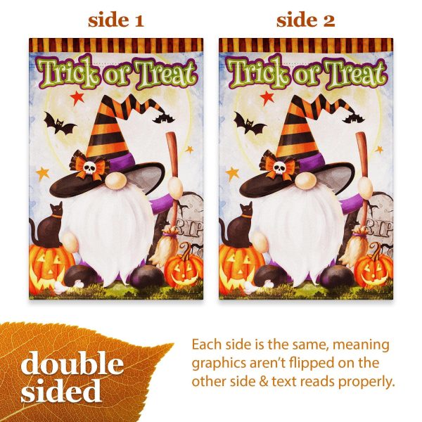 G128 Garden Flag Trick or Treat Witch Hat Gnome with Broom | 12x18 Inch | Printed Blockout Polyester - Halloween Fall Decoration - Image 3