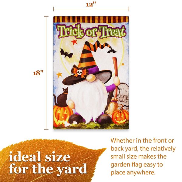 G128 Garden Flag Trick or Treat Witch Hat Gnome with Broom | 12x18 Inch | Printed Blockout Polyester - Halloween Fall Decoration - Image 4