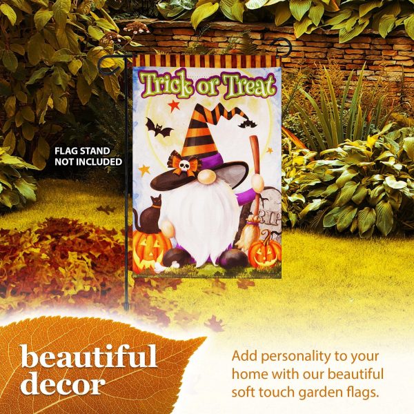 G128 Garden Flag Trick or Treat Witch Hat Gnome with Broom | 12x18 Inch | Printed Blockout Polyester - Halloween Fall Decoration - Image 8