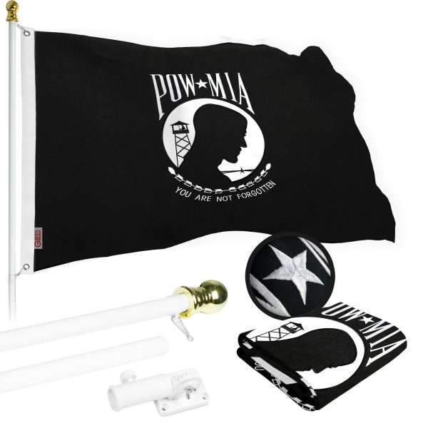 G128 Flag Pole 6 FT White Tangle Free & POW MIA Flag Emb 3x5 FT Combo Embroidered Spun Polyester