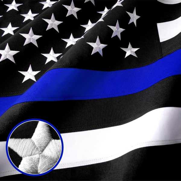 G128 - Thin Blue Line Flag 4x6 FT Embroidered Heavy Duty 220GSM Tough Spun Polyester U.S. American Flag Brass Grommets Honoring Men and Women of Law Enforcement Black White and Blue US Flag - Image 2