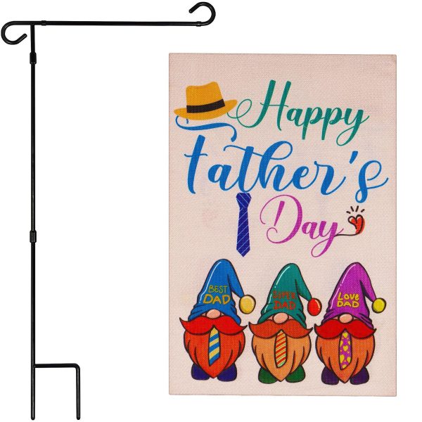 G128 Combo Pack: Garden Flag Stand Black 36 in x 16 in & Garden Flag Happy Father's Day Decoration Three Gnome Fathers 12"x18" Double-Sided Burlap Fabric