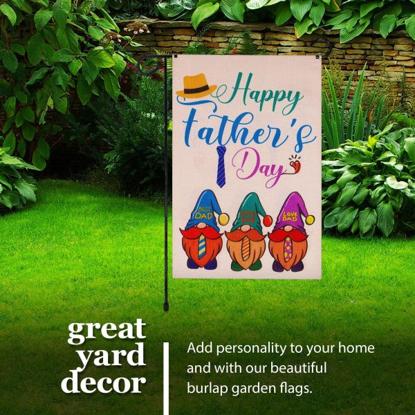 G128 Combo Pack: Garden Flag Stand Black 36 in x 16 in & Garden Flag Happy Father's Day Decoration Three Gnome Fathers 12"x18" Double-Sided Burlap Fabric - Image 6