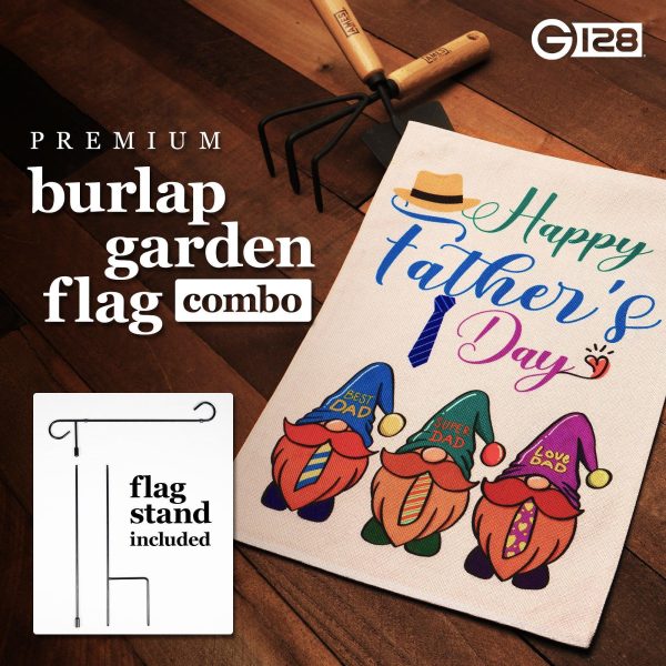 G128 Combo Pack: Garden Flag Stand Black 36 in x 16 in & Garden Flag Happy Father's Day Decoration Three Gnome Fathers 12"x18" Double-Sided Burlap Fabric - Image 7