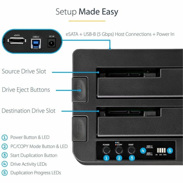 StarTech.com Dual Bay Hard Drive Duplicator Dock, Standalone HDD/SSD Cloner/Copier, USB 3.0 / eSATA to SATA III Hard Drive Cloner - Image 4