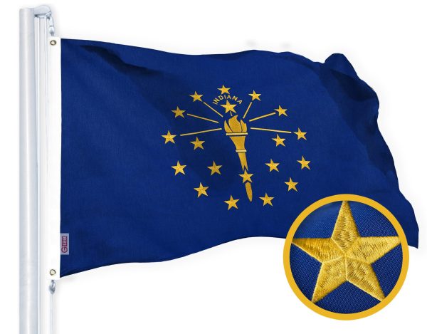 G128 Indiana State Flag | 4x6 Ft | StormFlyer Series Embroidered 220GSM Spun Polyester | Embroidered Design, Indoor/Outdoor, Brass Grommets, Heavy Duty, All Weather