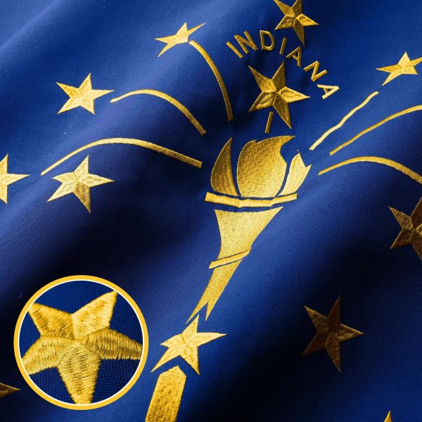 G128 Indiana State Flag | 4x6 Ft | StormFlyer Series Embroidered 220GSM Spun Polyester | Embroidered Design, Indoor/Outdoor, Brass Grommets, Heavy Duty, All Weather - Image 2