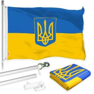G128 Flag Pole 6FT Silver Tangle Free & Ukraine Ukrainian Coat of Arms Flag 3x5 Ft Combo Printed 150D Polyester