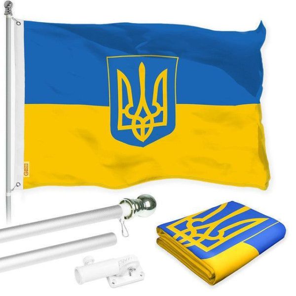 G128 Flag Pole 6FT Silver Tangle Free & Ukraine Ukrainian Coat of Arms Flag 3x5 Ft Combo Printed 150D Polyester