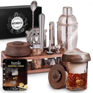 Bartender Kit with Whiskey Smoker  13 pcs Pine Stand  Bar Set with Cocktail Shaker Bartending Kit with Essential Bar Accessory Tools Wood Chips Steel (Torch not Included)