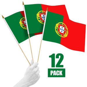 G128 12 Pack Handheld Portugal Portuguese Stick Flags | 12x18 In | Printed 150D Polyester, Country Flag, Solid Wooden Stick, Spear Gold Tip