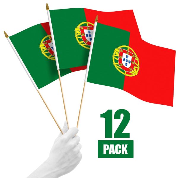 G128 12 Pack Handheld Portugal Portuguese Stick Flags | 12x18 In | Printed 150D Polyester, Country Flag, Solid Wooden Stick, Spear Gold Tip