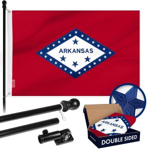 G128 Combo Pack: 6 Ft Tangle Free Aluminum Spinning Flagpole (Black) & Arkansas AR State Flag 3x5 Ft, Double ToughWeave Series Double Sided Embroidered 210D Polyester | Pole with Flag Included