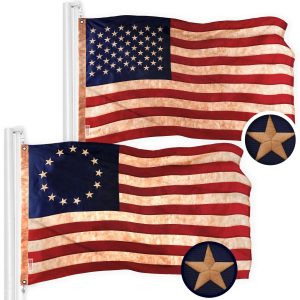 G128 Combo Pack: American USA Tea-Stained Flag 1x1.5 Ft & Betsy Ross Tea-Stained Flag 1x1.5 Ft | Both ToughWeave Pro Series Embroidered 420D Polyester, Embroidered Design, Brass Grommets