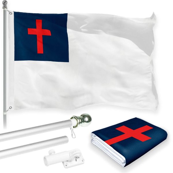 G128 Combo Pack: 5 Ft Tangle Free Aluminum Spinning Flagpole (Silver) & Christian Flag 2x3 Ft, LiteWeave Pro Series Printed 150D Polyester | Pole with Flag Included