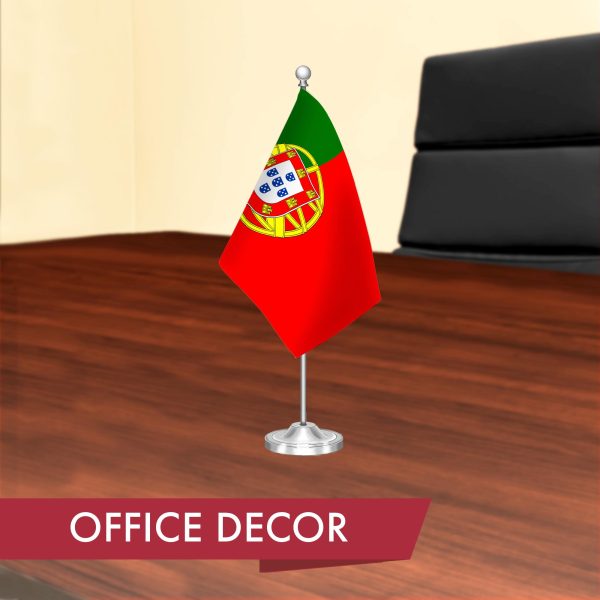 G128 Portugal Portuguese Deluxe Desk Flag Set | 8.5x5.5 In | Printed 300D Polyester, with Silver Dome and Base, 15" Metal Pole, Decorations For Office, Home and Festival Events Celebration - Image 4