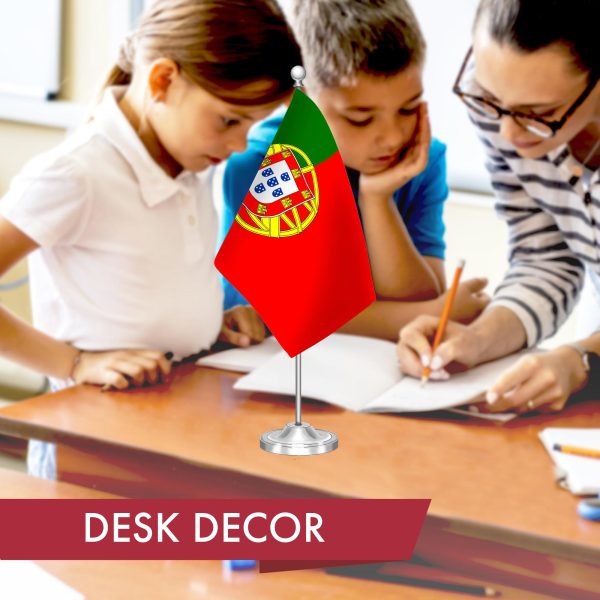 G128 Portugal Portuguese Deluxe Desk Flag Set | 8.5x5.5 In | Printed 300D Polyester, with Silver Dome and Base, 15" Metal Pole, Decorations For Office, Home and Festival Events Celebration - Image 5