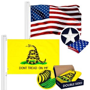 G128 Combo Pack: American USA Flag ToughWeave Series 1x1.5 Ft Single Sided & Gadsden Don't Tread On Me Flag Double Sided 1x1.5 Ft Double ToughWeave Series | Both Embroidered Polyester, Brass Grommets