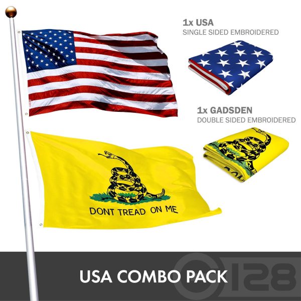 G128 Combo Pack: American USA Flag ToughWeave Series 1x1.5 Ft Single Sided & Gadsden Don't Tread On Me Flag Double Sided 1x1.5 Ft Double ToughWeave Series | Both Embroidered Polyester, Brass Grommets - Image 2