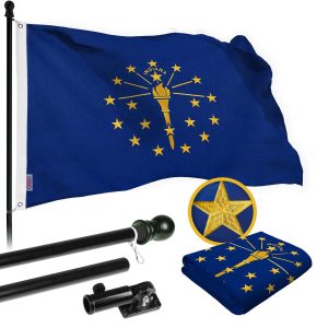 G128 Combo Pack: 5 Ft Tangle Free Spinning Flagpole (Black) & Indiana Flag 2x3 Ft Embroidered 220GSM Spun Polyester, Brass Grommets (Flag Included) Aluminum Flag Pole