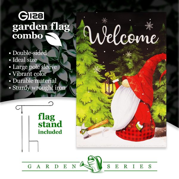 G128 Combo Pack: Garden Flag Stand Black 36 in x 16 in & Garden Flag Winter Decoration Welcome Festive Gnome with Lantern 12"x18" Double-Sided Blockout Fabric - Image 7