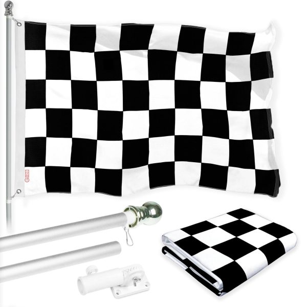 G128 Combo Pack: 6 Ft Tangle Free Spinning Flagpole (Silver) & Checkered Flag Flag 3x5 Ft Printed 150D Polyester, Brass Grommets (Flag Included) Aluminum Flag Pole