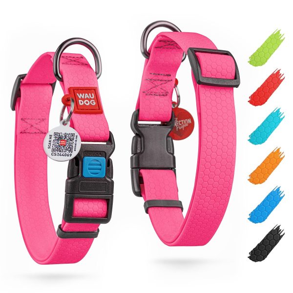 WAUDOG Waterproof Dog Collar   Adjustable Dog Collar for Large Dogs Small and Medium Dogs   Breakaway Dog Collar Waterproof with Plastic Buckle and QR Dog Tag   Boy & Girl Dog Collars (Pink)