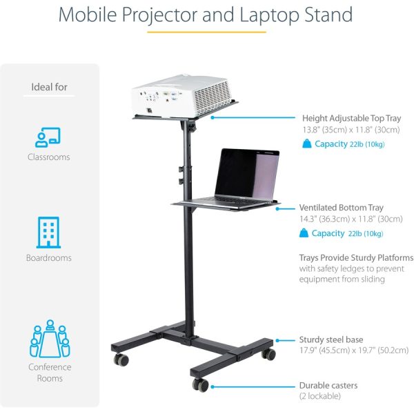 StarTech.com Mobile Projector and Laptop Stand/Cart, Heavy Duty Portable Projector Stand/Presentation Cart (22lb/shelf), Height Adjustable - Image 3