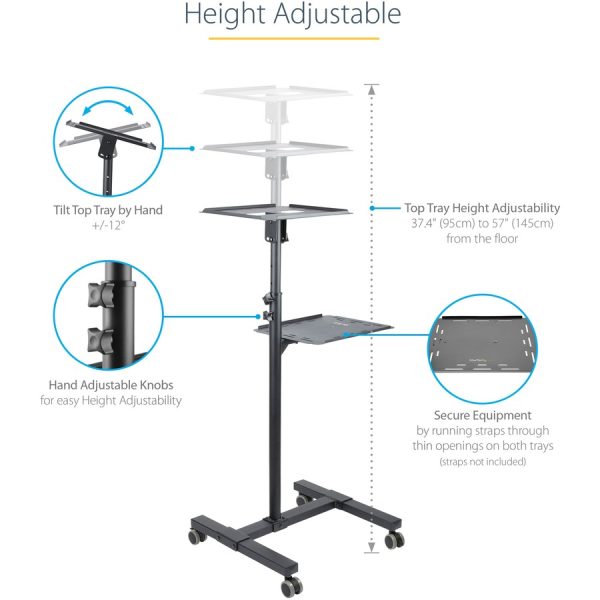 StarTech.com Mobile Projector and Laptop Stand/Cart, Heavy Duty Portable Projector Stand/Presentation Cart (22lb/shelf), Height Adjustable - Image 4