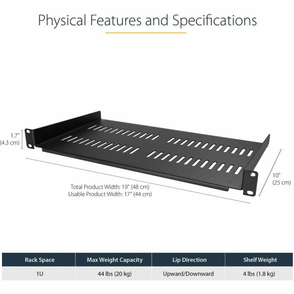 StarTech.com 1U Vented Server Rack Cabinet Shelf - Fixed 10in Deep Cantilever Rackmount Tray for 19" Data/AV/Network Enclosure w/Cage Nuts - Image 2