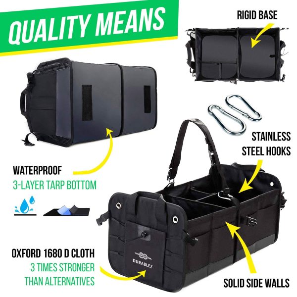 Trunk Organizer with Covering Net Attachable Non Slip Pads and Stainless Hooks Black - Image 3
