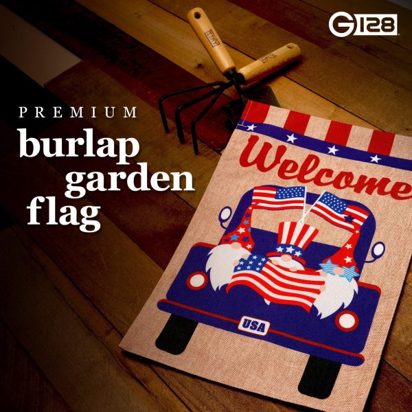 G128 Garden Flag Welcome Three Gnomes in Patriotic Truck 12"x18" Burlap Fabric - Image 2