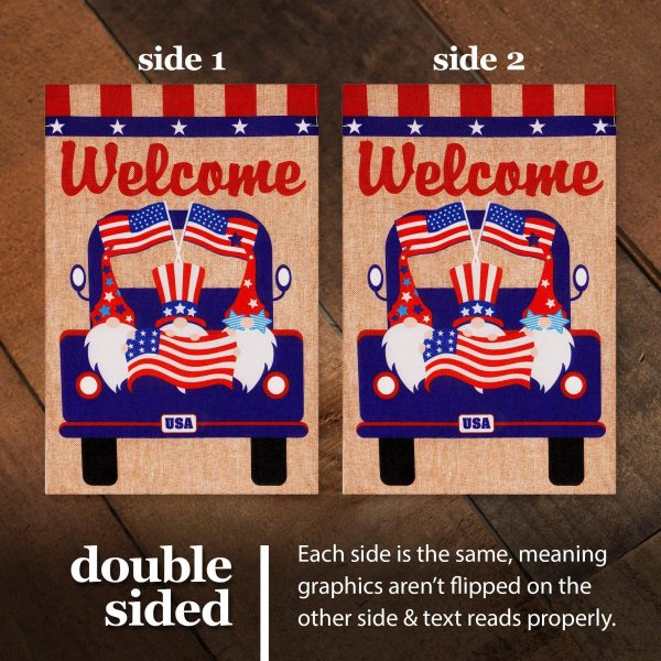G128 Garden Flag Welcome Three Gnomes in Patriotic Truck 12"x18" Burlap Fabric - Image 3