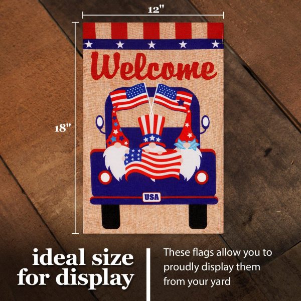 G128 Garden Flag Welcome Three Gnomes in Patriotic Truck 12"x18" Burlap Fabric - Image 4