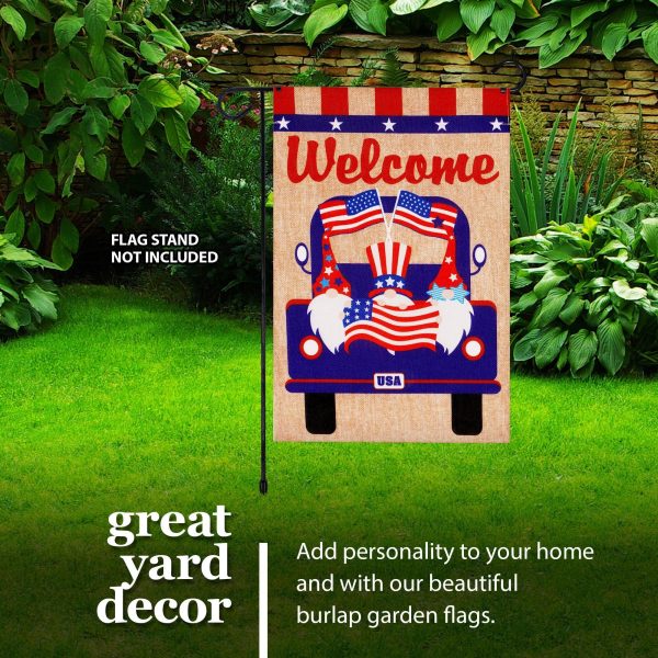 G128 Garden Flag Welcome Three Gnomes in Patriotic Truck 12"x18" Burlap Fabric - Image 9