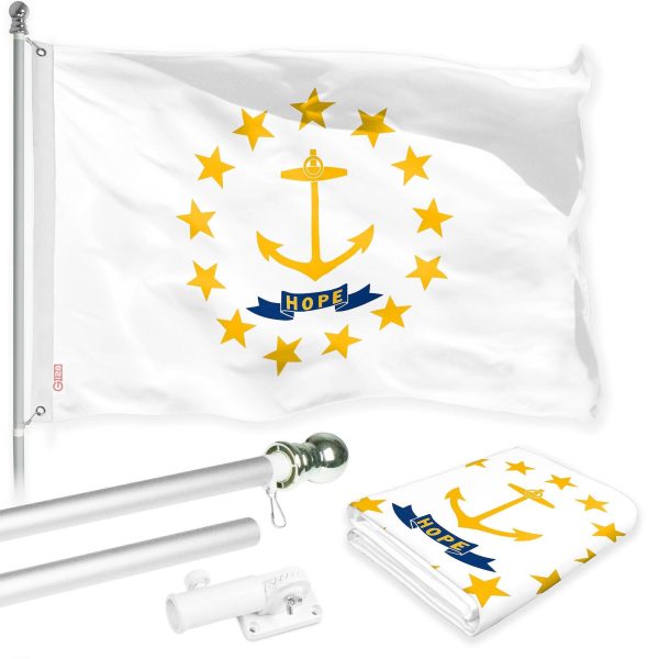 G128 Combo Pack: 6 Ft Tangle Free Spinning Flagpole (Silver) & Rhode Island Flag 3x5 Ft Printed 150D Polyester, Brass Grommets (Flag Included) Aluminum Flag Pole